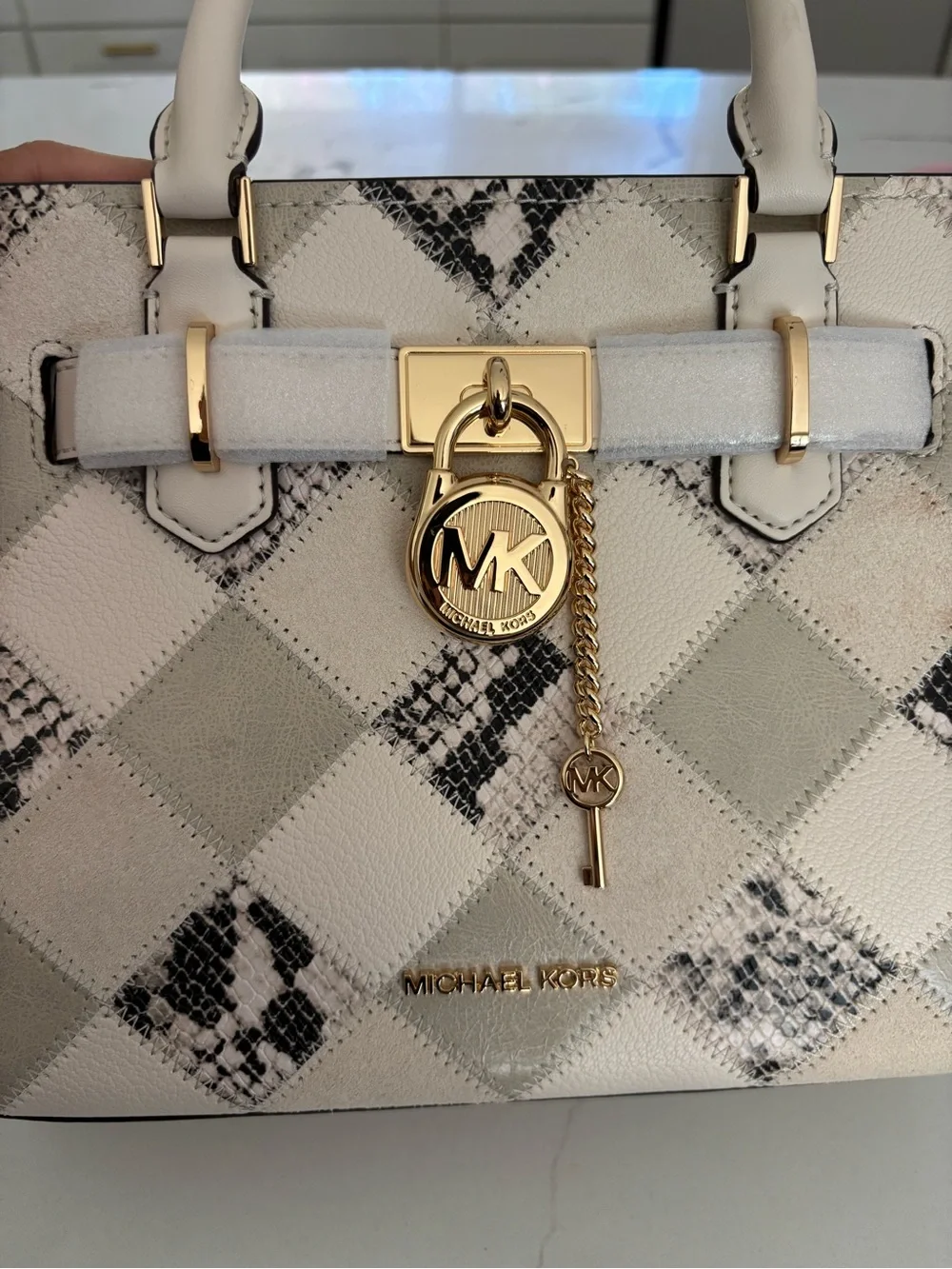 Michael Kors Cream & Black Snake-Print Leather Satchel with Gold Hardware